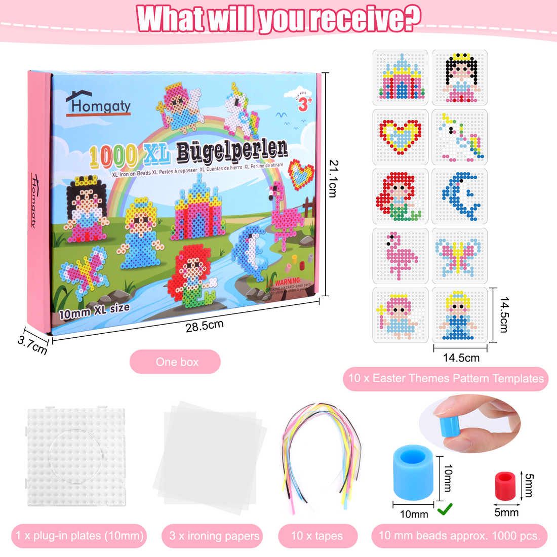 Homgaty 10MM Fuse Beads Kit,1000 PCS XL Iron Beads for Kids 12 fairy tale Patterns and Fuse Beads Ironing Paper, DIY Art Craft Toys Iron Beads,Water Fuse Beads Set (Princess)