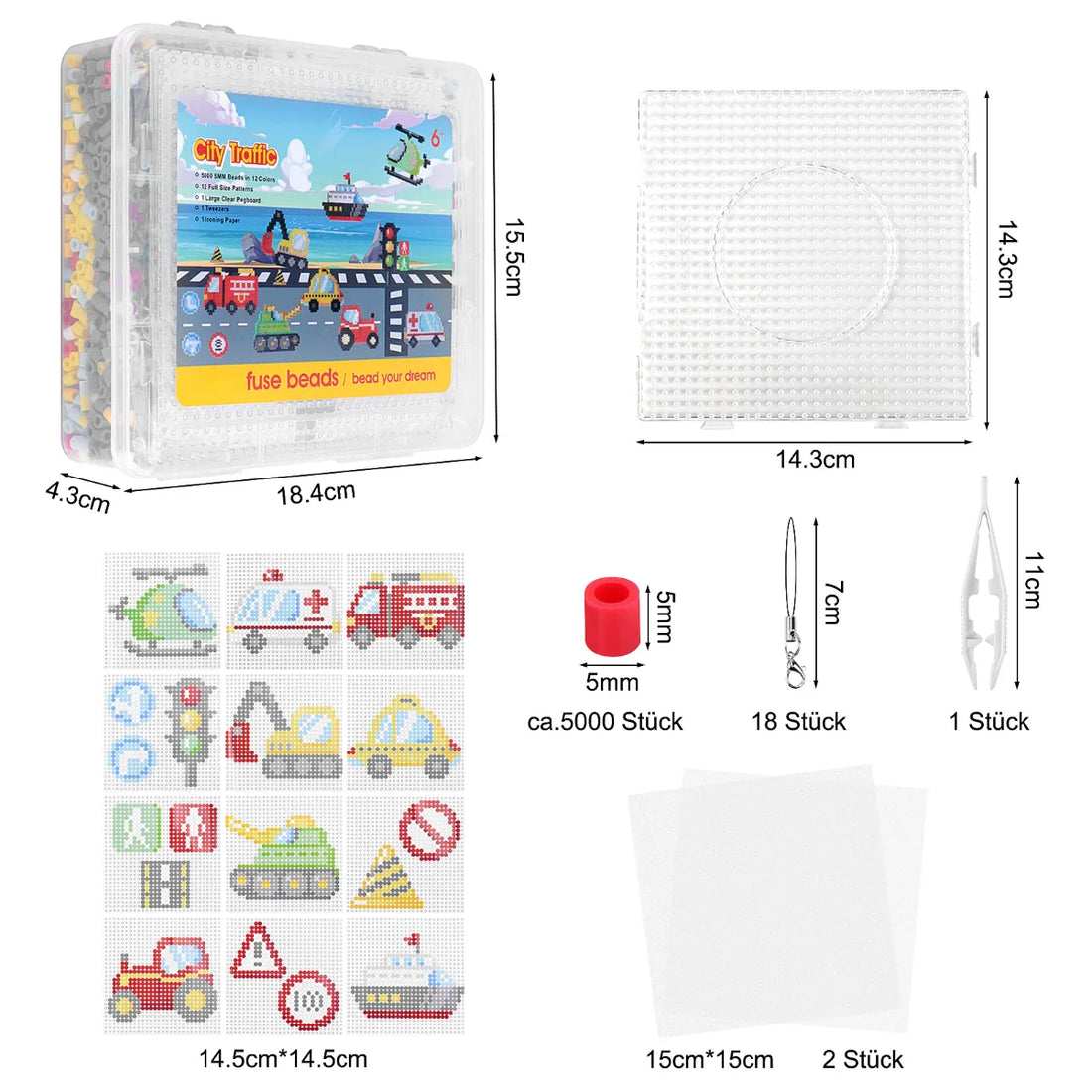 Homgaty Fuse Beads Kit - 5000 PCS 5mm Bead 18 Patterns Melty Fusion Beads Arts and Crafts Pearler Set Gifts for Kids, Christmas Easter Gifts for Kids (Transportation)