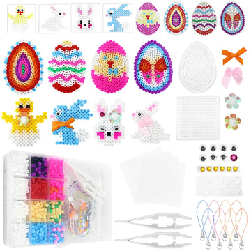 Homgaty Perler Bead Easter Set, 5mm Peg Beads with 2 Pegboards, 8 Easter-themed Pattern Templates (Rabbit, Egg, etc.), 4 Ironing Papers, 8 Charms and Accessories for DIY Handicrafts - Gift for Kids (Boys and Girls)