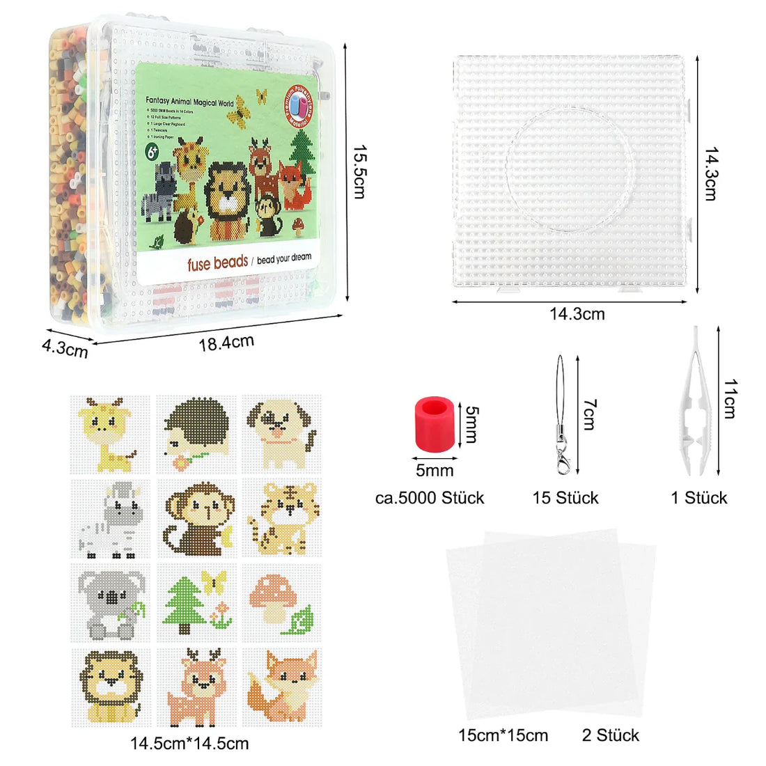 Homgaty Fuse Beads Kit - 5000 PCS 5mm Bead 15 Patterns Melty Fusion Beads Arts and Crafts Pearler Set Gifts for Kids, Christmas Easter Gifts for Kids (Animal)