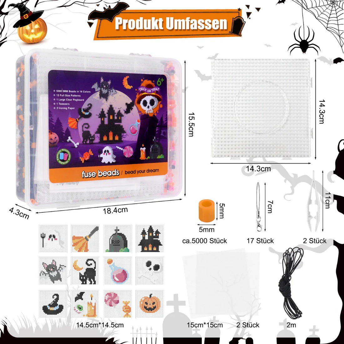 Homgaty Fuse Beads Kit,5000 PCS 5MM Fuse Beads Craft Kit DIY Fuse Bead Set with 5000 Beads, 14 Colors Castle Designs with 1 Pegboards, 16 Pattern Cards, 2 Tweezers,2 Ironing Paper and 16 Key Rings