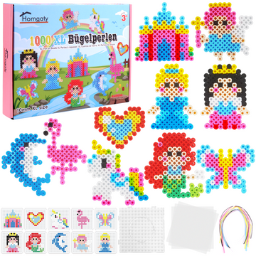 Homgaty 10MM Fuse Beads Kit,1000 PCS XL Iron Beads for Kids 12 fairy tale Patterns and Fuse Beads Ironing Paper, DIY Art Craft Toys Iron Beads,Water Fuse Beads Set (Princess)