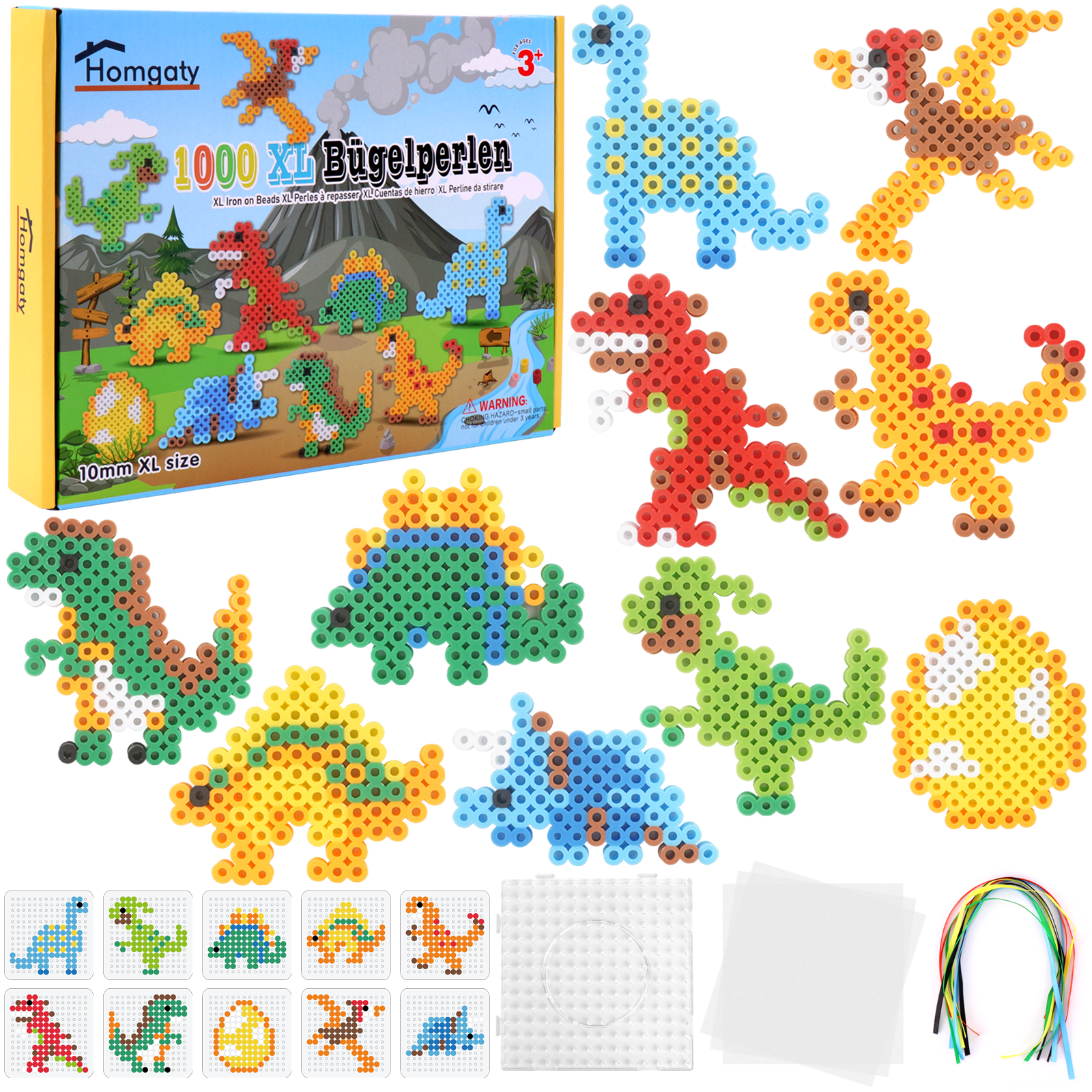 Homgaty 10MM Fuse Beads Kit, 1000 PCS XL Iron Beads for Kids with 12 Prehistoric Patterns and Ironing Paper, DIY Art Craft Toys Iron Beads,Water Fuse Beads Set(Dinosaur Adventure)