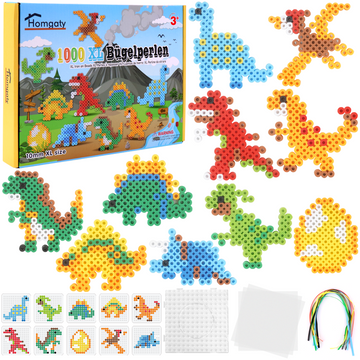 Homgaty 10MM Fuse Beads Kit, 1000 PCS XL Iron Beads for Kids with 12 Prehistoric Patterns and Ironing Paper, DIY Art Craft Toys Iron Beads,Water Fuse Beads Set(Dinosaur Adventure)