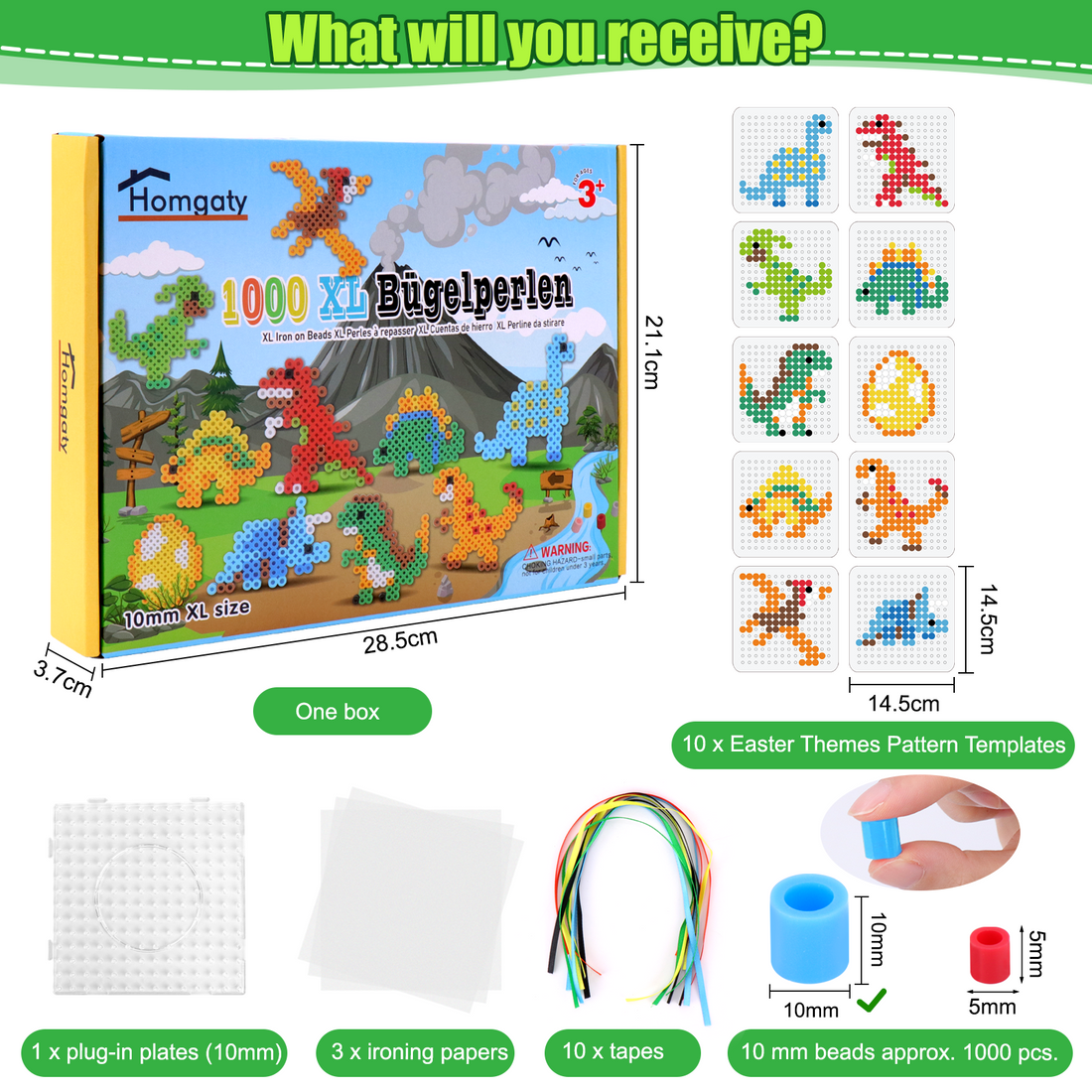 Homgaty 10MM Fuse Beads Kit, 1000 PCS XL Iron Beads for Kids with 12 Prehistoric Patterns and Ironing Paper, DIY Art Craft Toys Iron Beads,Water Fuse Beads Set(Dinosaur Adventure)