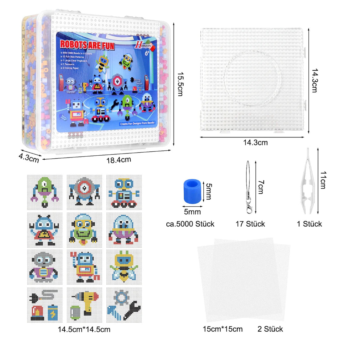 Homgaty Fuse Beads Kit, 5000 PCS Robot Iron Beads Crafting Melting Beads Set for Kids, 17 Styles Patterns Beads Pegboards, Tweezers, Ironing Paper, Chain Accessories for DIY Craft Making