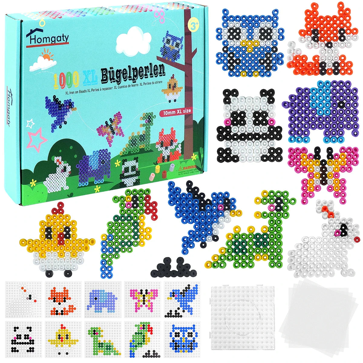 Homgaty Fuse Beads Pegboards, Clear Animal Shape Plastic Beads Template Boards with 18 Pcs Colorful Cards for Kids Craft Beads (Animal 10MM)