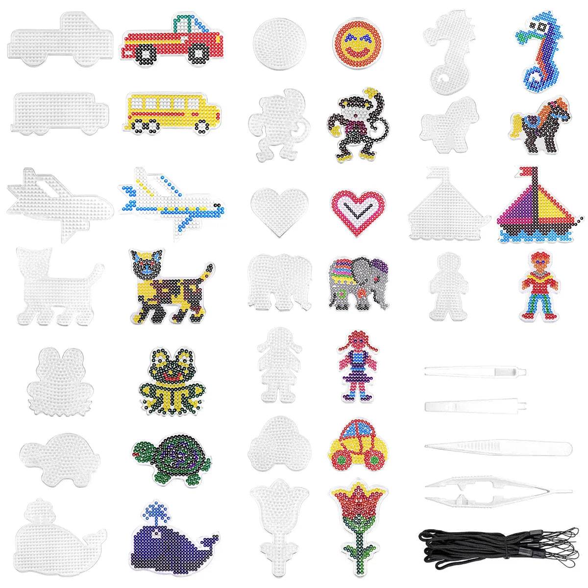 Homgaty Perler Bead Boards, Pegboard with 4 Pieces of Tweezers, 18 Pieces of Small Hanging Ropes, Pegboard Set for DIY Process - Manual Creation, Various Patterns, Plastic, Round