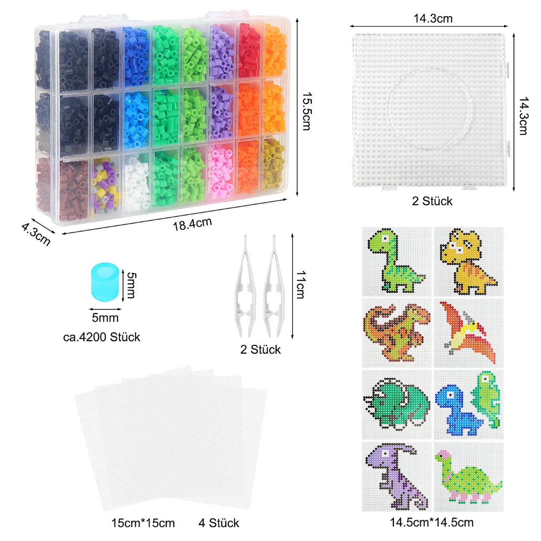 Homgaty Perler Bead Set, 4200 Pieces of 5mm Dinosaur Themed Peg Beads with Storage Box, Pegboard, Patterns, Ironing Paper and Accessories for Kids' Handicrafts - Gift