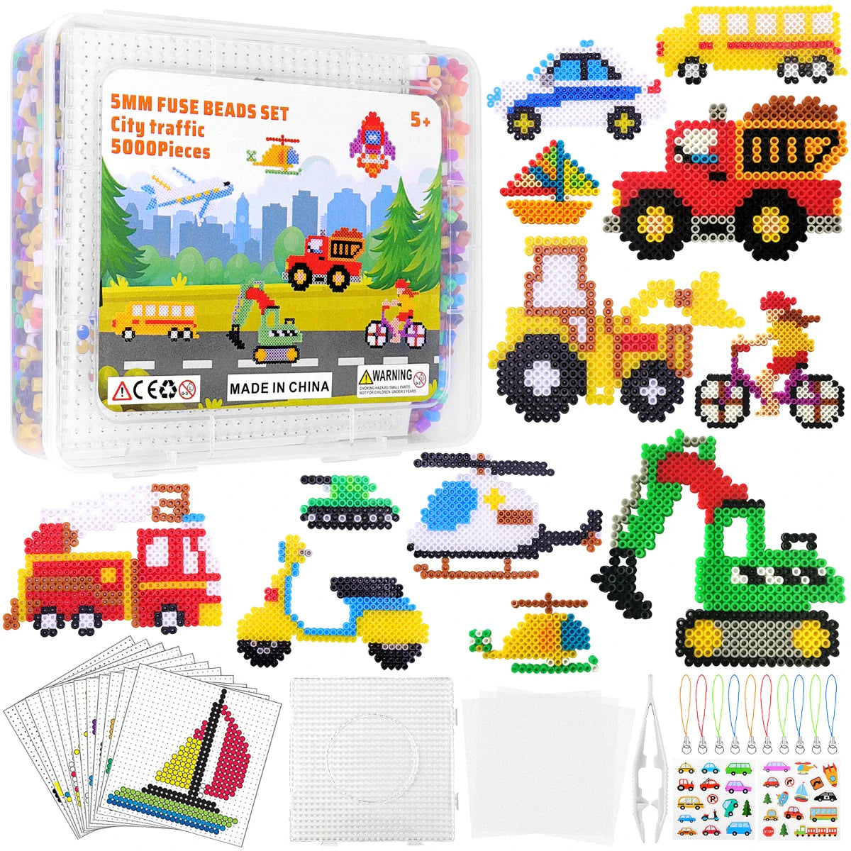 Homgaty Fuse Beads for Kids Craft Art - 5000PCS 5mm Iron Bead 16 Patterns Fusebead Melty Fusion Colored Arts and Crafts Set for Boys Girls Age 4 5 6 7 8 9 10 11 12 Year Old (Transportation)