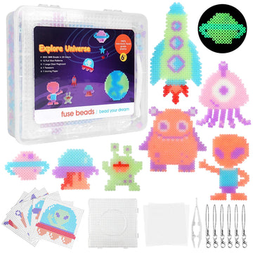 Homgaty Fuse Beads Kit, 5000 PCS Glow in The Dark Iron Beads Crafting Melting Beads Set for Kids, 16 Styles Alien UFO Patterns Beads Pegboards, Tweezers, Ironing Paper for DIY Craft Making