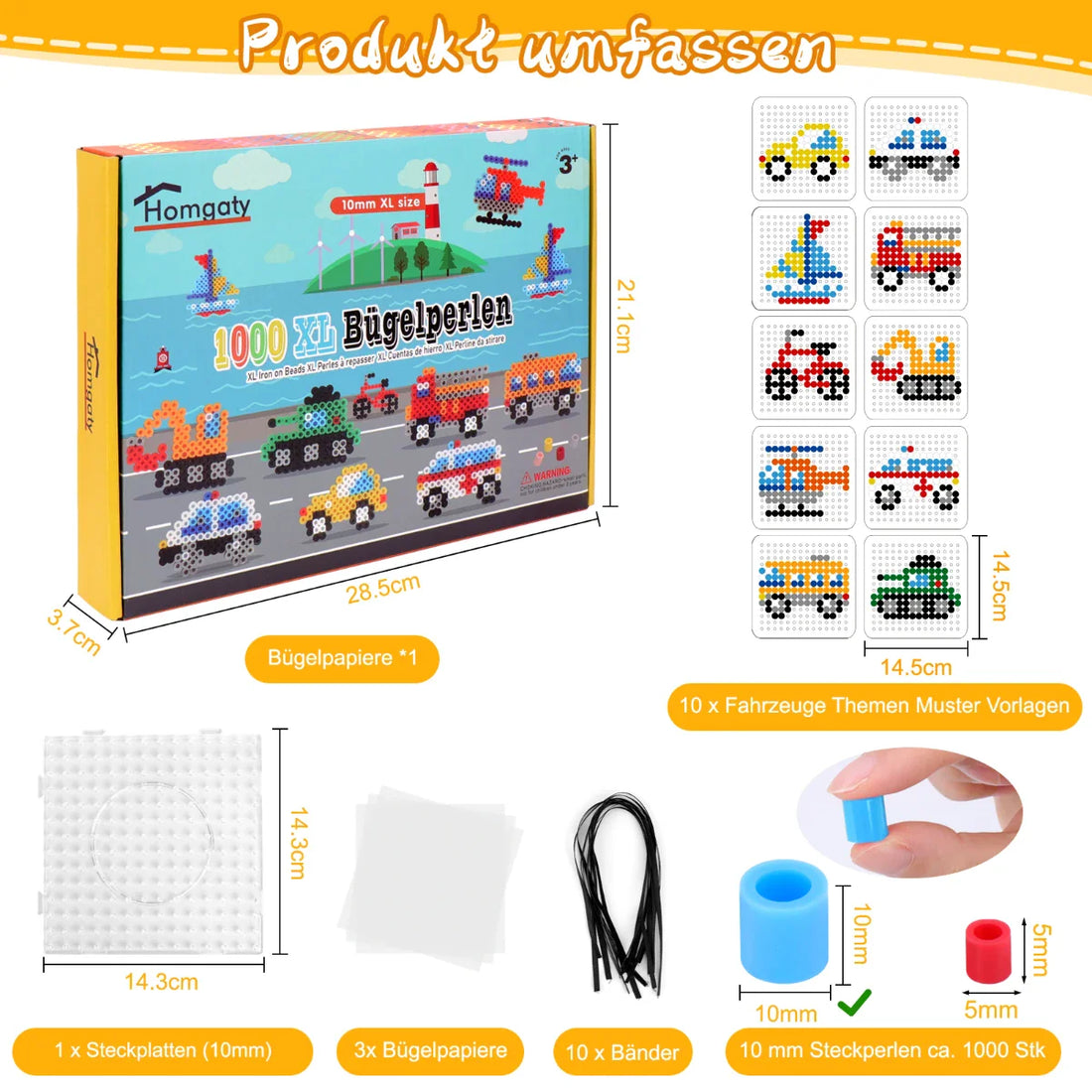 Homgaty 10MM Fuse Beads Kit,1000 PCS XL Iron Beads for Kids 12 Christmas Patterns and Fuse Beads Ironing Paper, DIY Art Craft Toys Iron Beads,Water Fuse Beads Set (Traffic)