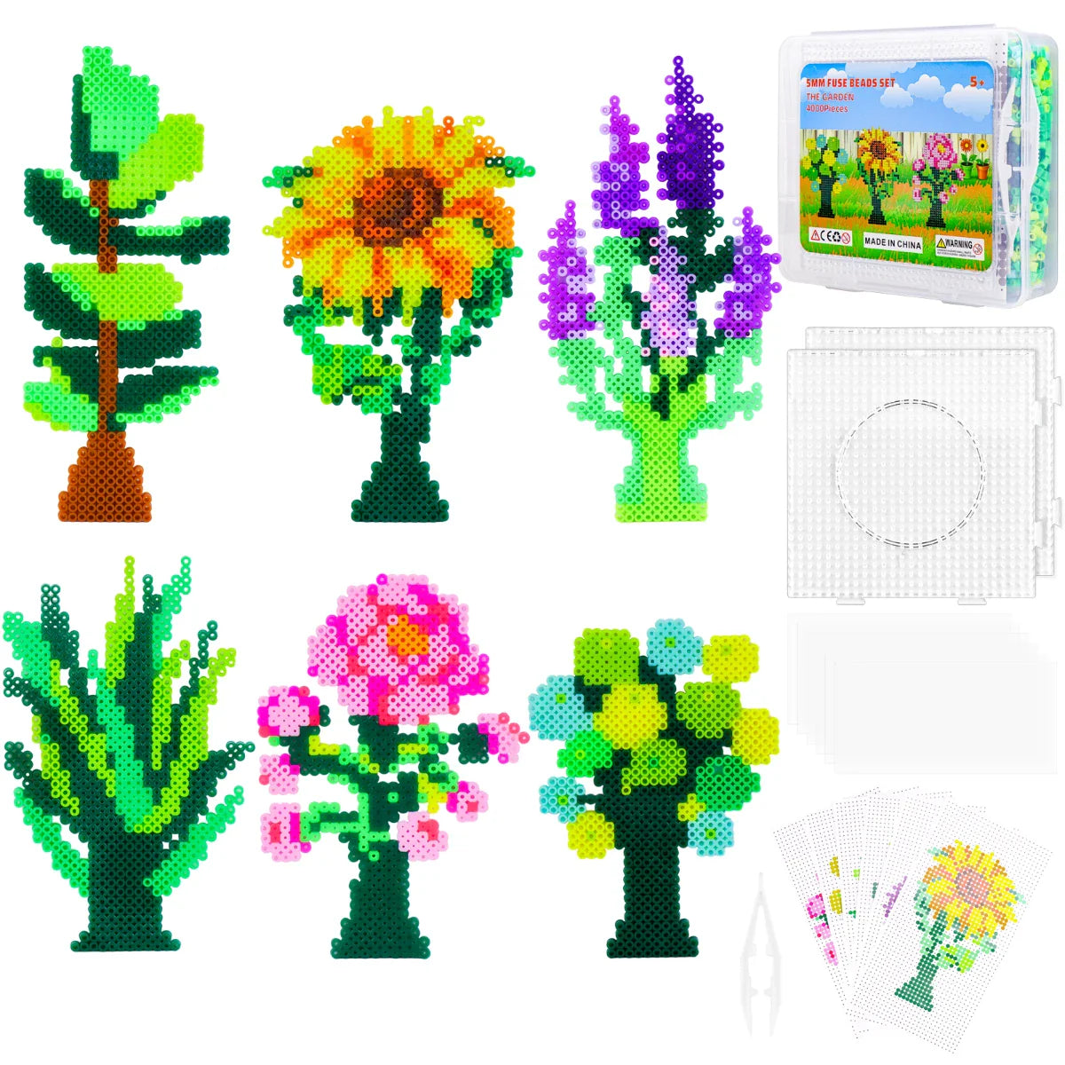 Homgaty Perler Bead 4000 Bead Plant & Flower Set, Peg Beads for Kids (Girls) with Pegboards, Perler Bead Boards, Ironing Paper, 5mm, 6 Patterns